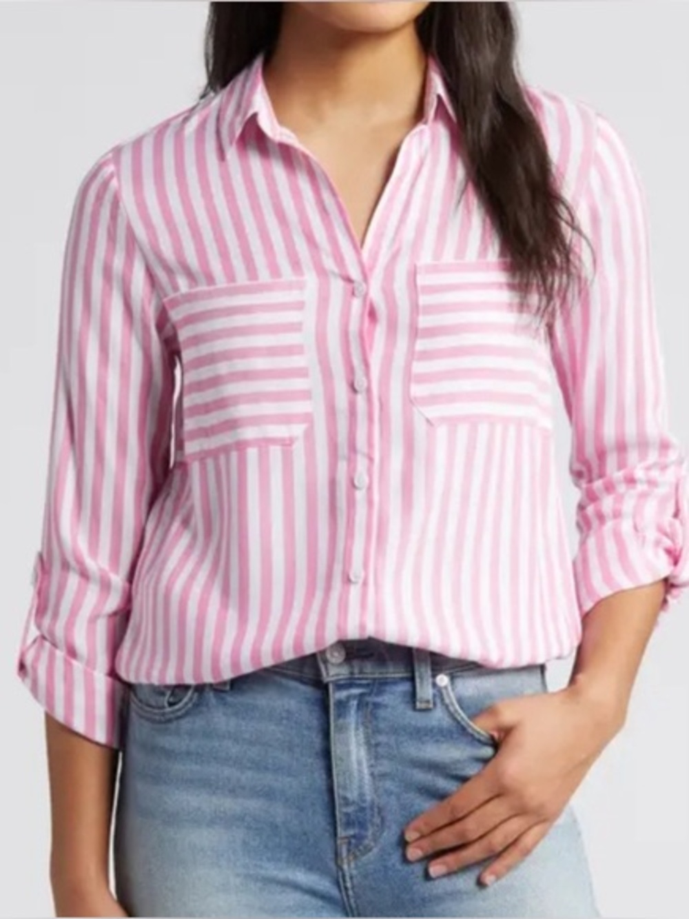BeachLunchLounge pink & white Farrah striped long sleeve button up shirt size S